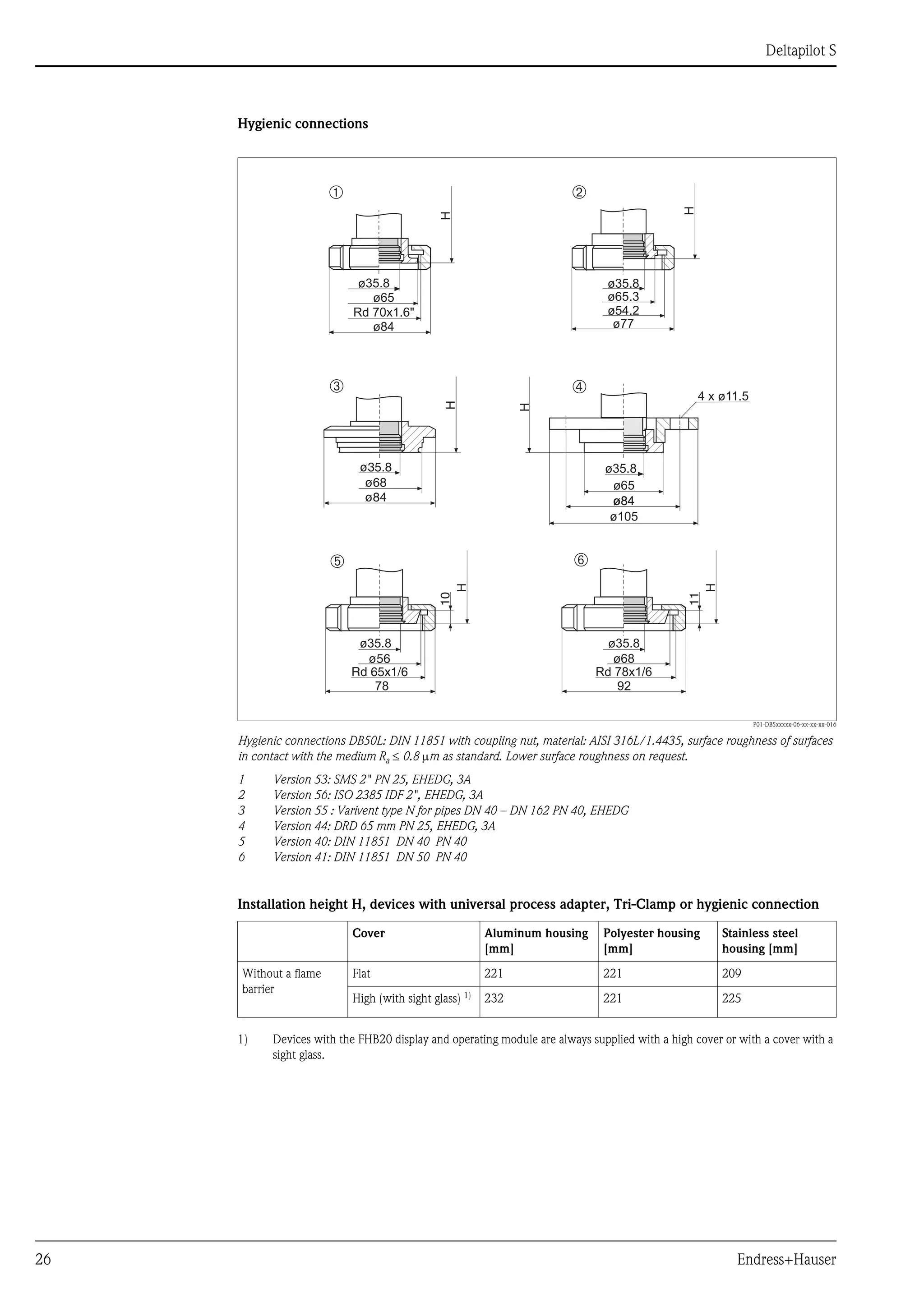 Deltapilot S
26 Endress+Hauser
Hygienic connections
P01-DB5xxxxx-06-xx-xx-xx-016
Hygienic connections DB50L: DIN 11851 with coupling nut, material: AISI 316L/1.4435, surface roughness of surfaces
in contact with the medium Ra ≤ 0.8 μm as standard. Lower surface roughness on request.
1 Version 53: SMS 2" PN 25, EHEDG, 3A
2 Version 56: ISO 2385 IDF 2", EHEDG, 3A
3 Version 55 : Varivent type N for pipes DN 40 – DN 162 PN 40, EHEDG
4 Version 44: DRD 65 mm PN 25, EHEDG, 3A
5 Version 40: DIN 11851 DN 40 PN 40
6 Version 41: DIN 11851 DN 50 PN 40
Installation height H, devices with universal process adapter, Tri-Clamp or hygienic connection
H
78
ø35.8
10
ø56
Rd 65x1/6
H
92
11
ø68
Rd 78x1/6
ø35.8
4 x ø11.5
ø65
ø84
H
ø35.8
ø84
ø105
ø35.8
ø68
ø84
H
H
ø35.8
ø77
ø65.3
ø54.2
ø65
ø35.8
H
ø84
Rd 70x1.6"
➀
➂
➁
➃
➄ ➅
Cover Aluminum housing
[mm]
Polyester housing
[mm]
Stainless steel
housing [mm]
Without a flame
barrier
Flat 221 221 209
High (with sight glass) 1)
1) Devices with the FHB20 display and operating module are always supplied with a high cover or with a cover with a
sight glass.
232 221 225
 