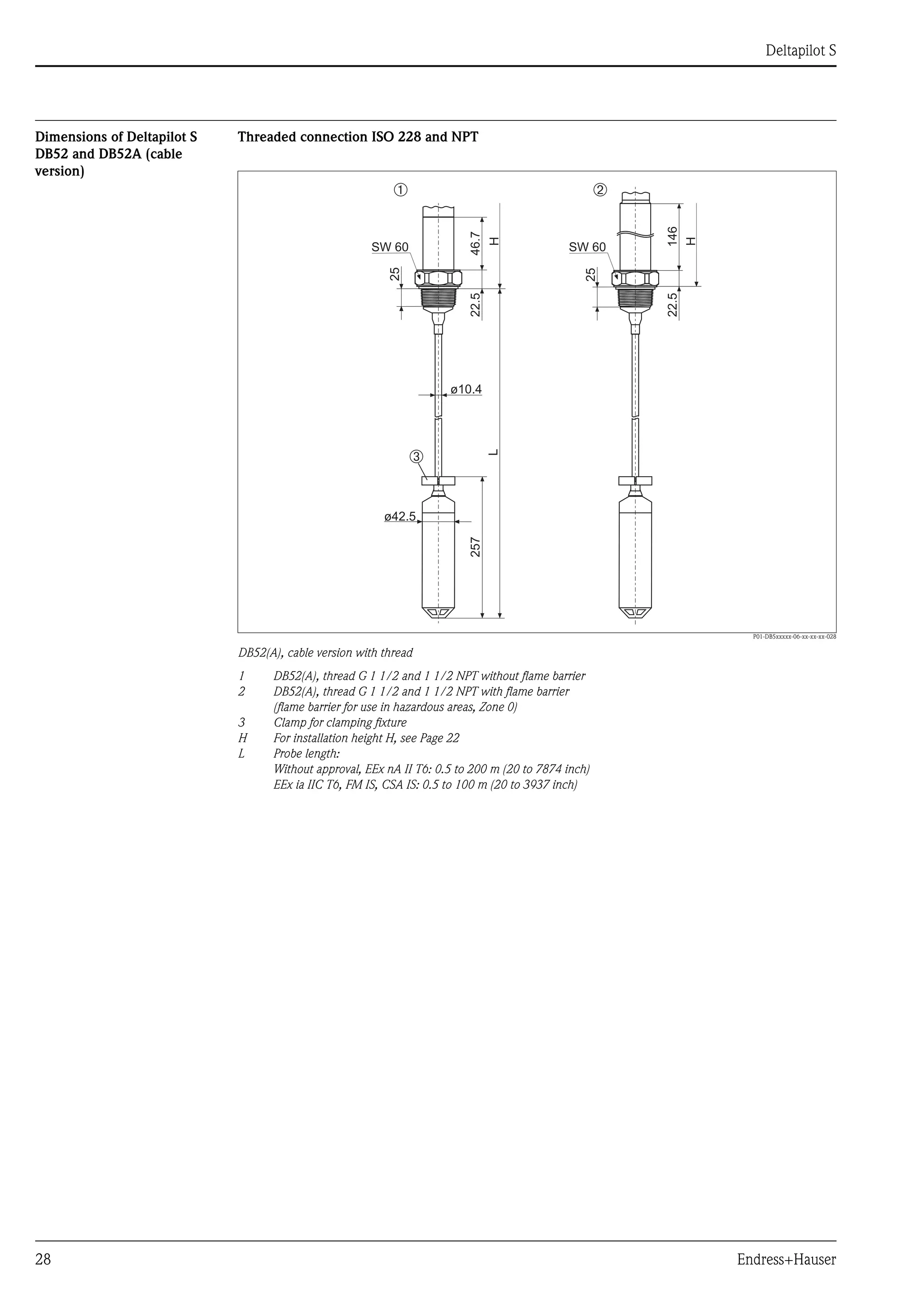 Deltapilot S
28 Endress+Hauser
Dimensions of Deltapilot S
DB52 and DB52A (cable
version)
Threaded connection ISO 228 and NPT
P01-DB5xxxxx-06-xx-xx-xx-028
DB52(A), cable version with thread
1 DB52(A), thread G 1 1/2 and 1 1/2 NPT without flame barrier
2 DB52(A), thread G 1 1/2 and 1 1/2 NPT with flame barrier
(flame barrier for use in hazardous areas, Zone 0)
3 Clamp for clamping fixture
H For installation height H, see Page 22
L Probe length:
Without approval, EEx nA II T6: 0.5 to 200 m (20 to 7874 inch)
EEx ia IIC T6, FM IS, CSA IS: 0.5 to 100 m (20 to 3937 inch)
➀
46.722.5
25 ø10.4
ø42.5
257
LH
➂
SW 60
➁
14622.5
25
H
SW 60
 