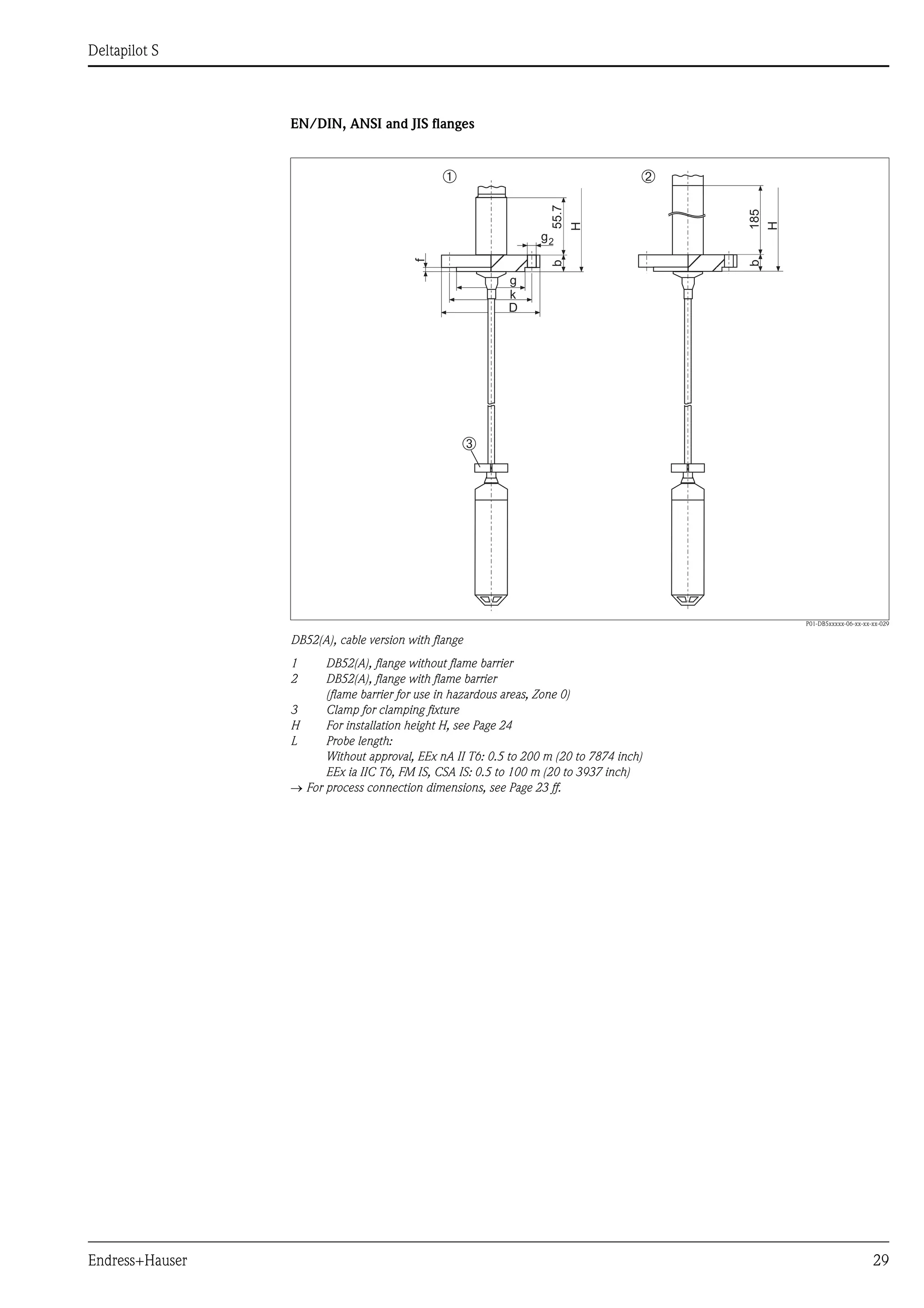 Deltapilot S
Endress+Hauser 29
EN/DIN, ANSI and JIS flanges
P01-DB5xxxxx-06-xx-xx-xx-029
DB52(A), cable version with flange
1 DB52(A), flange without flame barrier
2 DB52(A), flange with flame barrier
(flame barrier for use in hazardous areas, Zone 0)
3 Clamp for clamping fixture
H For installation height H, see Page 24
L Probe length:
Without approval, EEx nA II T6: 0.5 to 200 m (20 to 7874 inch)
EEx ia IIC T6, FM IS, CSA IS: 0.5 to 100 m (20 to 3937 inch)
→ For process connection dimensions, see Page 23 ff.
➁➀
k
D
f
g2
55.7b
H
185b
HH
➂
g
 