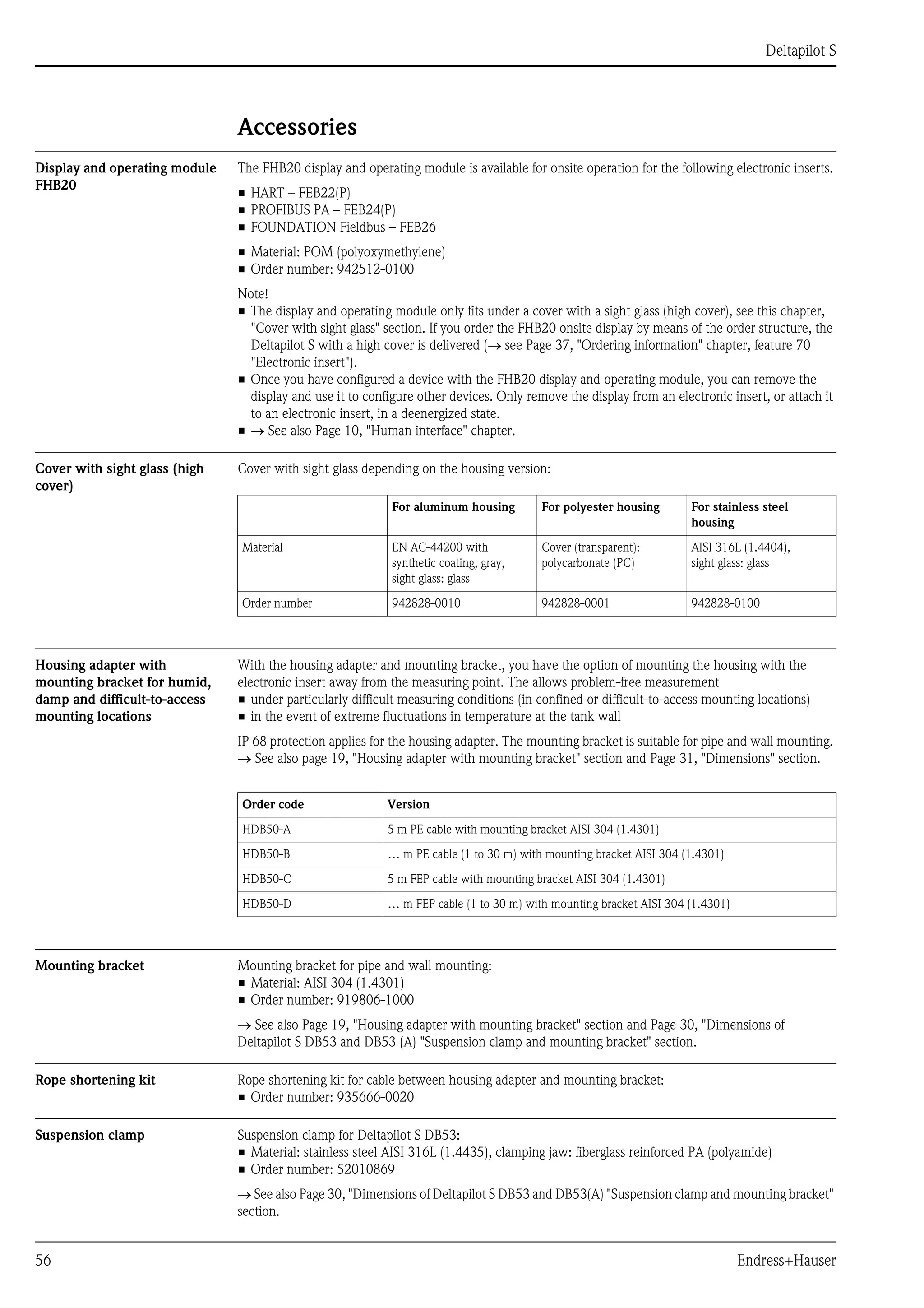 Deltapilot S
56 Endress+Hauser
Accessories
Display and operating module
FHB20
The FHB20 display and operating module is available for onsite operation for the following electronic inserts.
• HART – FEB22(P)
• PROFIBUS PA – FEB24(P)
• FOUNDATION Fieldbus – FEB26
• Material: POM (polyoxymethylene)
• Order number: 942512-0100
Note!
• The display and operating module only fits under a cover with a sight glass (high cover), see this chapter,
"Cover with sight glass" section. If you order the FHB20 onsite display by means of the order structure, the
Deltapilot S with a high cover is delivered (→ see Page 37, "Ordering information" chapter, feature 70
"Electronic insert").
• Once you have configured a device with the FHB20 display and operating module, you can remove the
display and use it to configure other devices. Only remove the display from an electronic insert, or attach it
to an electronic insert, in a deenergized state.
• → See also Page 10, "Human interface" chapter.
Cover with sight glass (high
cover)
Cover with sight glass depending on the housing version:
Housing adapter with
mounting bracket for humid,
damp and difficult-to-access
mounting locations
With the housing adapter and mounting bracket, you have the option of mounting the housing with the
electronic insert away from the measuring point. The allows problem-free measurement
• under particularly difficult measuring conditions (in confined or difficult-to-access mounting locations)
• in the event of extreme fluctuations in temperature at the tank wall
IP 68 protection applies for the housing adapter. The mounting bracket is suitable for pipe and wall mounting.
→ See also page 19, "Housing adapter with mounting bracket" section and Page 31, "Dimensions" section.
Mounting bracket Mounting bracket for pipe and wall mounting:
• Material: AISI 304 (1.4301)
• Order number: 919806-1000
→ See also Page 19, "Housing adapter with mounting bracket" section and Page 30, "Dimensions of
Deltapilot S DB53 and DB53 (A) "Suspension clamp and mounting bracket" section.
Rope shortening kit Rope shortening kit for cable between housing adapter and mounting bracket:
• Order number: 935666-0020
Suspension clamp Suspension clamp for Deltapilot S DB53:
• Material: stainless steel AISI 316L (1.4435), clamping jaw: fiberglass reinforced PA (polyamide)
• Order number: 52010869
→ See also Page 30, "Dimensions of Deltapilot S DB53 and DB53(A) "Suspension clamp and mounting bracket"
section.
For aluminum housing For polyester housing For stainless steel
housing
Material EN AC-44200 with
synthetic coating, gray,
sight glass: glass
Cover (transparent):
polycarbonate (PC)
AISI 316L (1.4404),
sight glass: glass
Order number 942828-0010 942828-0001 942828-0100
Order code Version
HDB50-A 5 m PE cable with mounting bracket AISI 304 (1.4301)
HDB50-B … m PE cable (1 to 30 m) with mounting bracket AISI 304 (1.4301)
HDB50-C 5 m FEP cable with mounting bracket AISI 304 (1.4301)
HDB50-D … m FEP cable (1 to 30 m) with mounting bracket AISI 304 (1.4301)
 