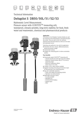 TI257P/00/en/08.08
71078915
Technical Information
Deltapilot S DB50/50L/51/52/53
Hydrostatic Level Measurement
Pressure sensor with CONTITETM
measuring cell;
waterproof, climatic-proofed, long-term stability; for food, fresh
water and wastewater, chemical and pharmaceutical products
Application
The devices in the Deltapilot S product family are used
for continuous level measurement in all liquid and paste-
like media. They are used in both the chemical,
pharmaceutical and food industry as well as in the water
and wastewater sector.
Switching units perfectly in line with the application:
• Determine the level, volume, differential pressure,
density and product weight
• Control limit contacts
• Integrate the measuring point in various automation
systems.
Your benefits
• Hermetically sealed CONTITETM
measuring cell:
– Climatic-proofed and with high long-term stability
– Maximum linearity (better than 0.1 % of the set
measuring range)
– Minimum temperature effects
(better than 0.1%/10 K).
• Compact, rod or cable versions available
• Separate mounting of housing and electronic insert
(IP 68 protection at the measuring point)
• Easy and comfortable operation:
– Onsite with display and operating module
– Operation via communication
• Replaceable electronic inserts:
– 4 to 20 mA HART
– PROFIBUS PA
– FOUNDATION Fieldbus
– Analog output
– PFM
 
