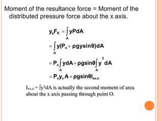 Moment of the resultance force = Moment of the
distributed pressure force about the x axis.
2
 Po ydAρgsinθy dA
A
A
 y(Po  ρgysinθ)dA
ypFR  yPdA
A A
 Poyc AρgsinθIxx,o
Ixx,o = ∫y2dA is actually the second moment of area
about the x axis passing through point O.
 