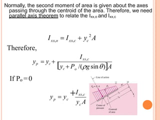 Normally, the second moment of area is given about the axes
passing through the centroid of the area. Therefore, we need
parallel axis theorem to relate the Ixx,o and Ixx,c
I c
xx,c
xx,o  I  y 2
A
o
Ixx,c
/(g sin)A
yc  P
Therefore,
yp  yc 

If Po =0
y A
c
Ixx,c
c
p
y  y
 