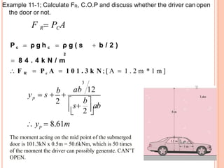  yp  8.61m
The moment acting on the mid point of the submerged
door is 101.3kN x 0.5m = 50.6kNm, which is 50 times
of the moment the driver can possibly generate. CAN’T
OPEN.
p
ab 12
Example 11-1; Calculate FR, C.O.P and discuss whether the driver can open
the door or not.
F R PCA
P c  ρ g h c  ρ g ( s  b / 2 )
2
 8 4 . 4 k N / m
 F R  P c A  1 0 1 . 3 k N ; [ A  1 . 2 m * 1 m ]
3
b
2 

s
2
ab
y  s 
b

 