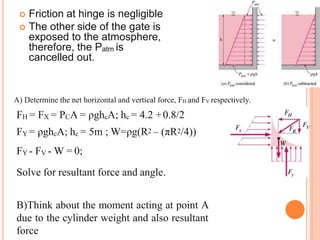 Friction at hinge is negligible
 The other side of the gate is
exposed to the atmosphere,
therefore, the Patm is
cancelled out.
A) Determine the net horizontal and vertical force, FH and FV respectively.
FH = FX = PCA = ρghcA; hc = 4.2 +0.8/2
FY = ρghcA; hc = 5m ; W=ρg(R2 – (πR2/4))
FY - FV - W = 0;
Solve for resultant force and angle.
B)Think about the moment acting at point A
due to the cylinder weight and also resultant
force
 