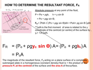 HOW TO DETERMINE THE RESULTANT FORCE, FR
Absolute pressure at any point of the fluid,
P = Po + ρgh, h = y sin Ө
= Po + ρgy sin Ө,
FR = ∫PdA =∫ (Po + ρgy sin Ө)dA = PoA+ ρg sin Ө ∫ydA
**∫ydA is the first moment of area is related to the y
coordinate of the centroid (or centre) of the surface by ,
yc= 1/A ∫ydA.
FR = (Po + ρgyc sin Ө) A= (Po + ρghc)A
= PcA
The magnitude of the resultant force, FR acting on a plane surface of a completely
submerged plate in a homogeneous (constant density) fluid is = the product of the
pressure Pc at the centroid of the surface and the area A of thesurface.
 