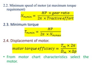 2.2. Minimum speed of motor (at maximum torque
requirement)
2.3. Minimum torque
2.4. Displacement of motor.
• From motor chart characteristics select the
motor.
 