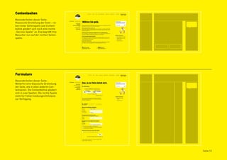 Contentseiten
Besonderheiten dieser Seite:
Klassische Dreiteilung der Seite – ne-
ben linker Seitenspalte und Content-
bühne gliedert sich noch eine rechte
„Service-Spalte“ an. Eve begrüßt ihre
Besucher nun auf der rechten Seiten-
spalte.




Formulare
Besonderheiten dieser Seite:
Weiterhin eine klassische Dreiteilung
der Seite, wie in allen anderen Con-
tentseiten. Die Contentbühne gliedert
sich in zwei Spalten. Die rechte Spalte
steht für Fehlermeldungen/Infotexte
zur Verfügung.




                                          Seite 13
 