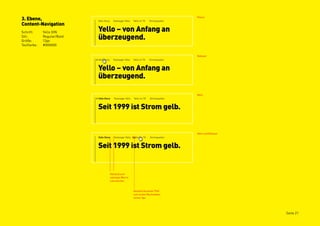 3. Ebene,                                                             Passiv

Content-Navigation
Schrift:     Yello DIN
Stil:        Regular/Bold
Größe:       12px
Textfarbe:   #000000


                                                                      Rollover




                                                                      Aktiv




                                                                      Aktiv und Rollover




                            Abstand zum
                            nächsten Wort 6
                            Leerzeichen.


                                              Abstand Auswahl-Pfeil
                                              zum ersten Buchstaben
                                              immer 3px.




                                                                                           Seite 21
 