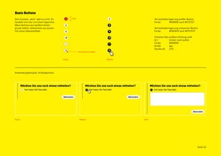 Basis Buttons
Den Zustand „aktiv“ gibt es nicht. Es            17x17                                              Verlaufsüberlagerung weißer Button
handelt sich hier um einen Hyperlink.                                                               Farbe        #000000 nach #272727
Wenn Buttons auf weißem Hinter-
grund stehen, bekommen sie zusätz-                                                                  Verlaufsüberlagerung schwarzer Button
lich einen Ebeneneffekt.                                                                            Farbe        #F8F8F8 nach #FFFFFF

                                                                                                    Schatten (bei weißem Hintergrund)
                                                                                                    Art           Schein nach außen
                                                                                                    Farbe         #000000
                                                                                                    Größe         4px
                                                                                                    Deckkraft     27%
                                                         Auf weiß mit Schatten



                                        Passiv                                   Rollover




Anwendungsbeispiel, Aufklappmenü




Passiv                                                    Rollover                          Aktiv




                                                                                                                                         Seite 34
 