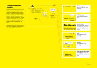 Anwendungsbeispiele,                   Meta-Navigation
Yello DIN                              Yello DIN Regular, 12px,
                                       einzeilig
Die Yello DIN findet Verwendung beim
Setzen der Seiten-Headlines, teil-
weise bei Navigations- und Linkele-
menten, bei Zwischenüberschriften in
Formularen (H1) und bei bestimmten     PK/GK Weiche
Content-Modulen. Sie kommt zum         Yello DIN Bold/Regular,
Einsatz, wenn es darum geht, Inhalte   12px
werblich und plakativ darzustellen.
Sie ist wichtiger Grundbaustein des
visuellen Erscheinungsbildes von
Yello.
                                       Seiten Headline
Angaben zu den Schrifttypen und Grö-   Yello DIN Black, 38px, ZA
ßen finden Sie bei der Beschreibung    41px, einzeilig oder zwei-
der einzelnen Modulelemente.           zeilig, LA -20 (Zeichenab-
                                       stand)


                                       FAQs
                                       Yello DIN Bold, 14px,
                                       einzeilig




                                       Buttons
                                       Yello DIN Bold, 12px,
                                       einzeilig




                                       Links und Call-to-Actions
                                       Yello DIN Bold, 22px und
                                       14px, ZA 19px, immer zwei-
                                       zeilig




                                                               Seite 6
 