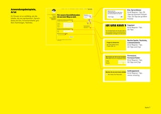 Anwendungsbeispiele,                      Eve, Sprechblase
Arial                                     Arial Regular, 11px, ZA
                                          13px bei kleinem Fenster.
Ihr Einsatz ist so vielfältig, wie die    11px, ZA 15px bei großem
Inhalte, die sie repräsentiert: Sprech-   Fenster
blase von Eve, Formularinhalte, grö-
ßere Textmengen, Textlinks.
                                          Copytext
                                          Arial Regular, 11px,
                                          ZA 15px




                                          Rechte Spalte, Textlinks,
                                          Listenelemente
                                          Arial Regular, 11px,
                                          ZA 15px und 21px




                                          Formulare,
                                          Formularfelder
                                          Arial Regular, 11px,
                                          ZA 15px und 21px




                                          Aufklappmenü
                                          Arial Regular, 11px,
                                          immer einzeilig




                                                                 Seite 7
 