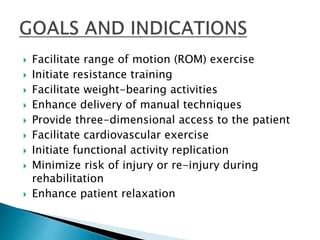  Facilitate range of motion (ROM) exercise
 Initiate resistance training
 Facilitate weight-bearing activities
 Enhance delivery of manual techniques
 Provide three-dimensional access to the patient
 Facilitate cardiovascular exercise
 Initiate functional activity replication
 Minimize risk of injury or re-injury during
rehabilitation
 Enhance patient relaxation
 