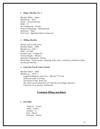 •   Shaper Machine No. 1

Machine Maker – Sagar
Machine no. - SH-1
Stroke – 26-inch/550 mm
RPM – 72
Job Undergoing – Pointer
Project Undergoing – Somanamardi
Operation – Taper
Tool Used – High Speed Steel cutting tool


•   Milling Machine

Mainly used to make bores
Machine Maker – HMT
Machine no. - UM-1
RPM – 35-1800
Coolant Used – Cutting Oil
Vertical Height – 400 mm
Operation Undergoing – Boring
Instructions – Ensure proper clamping of the cutter, work piece and fixture before
starting the machine.

•   Universal Tool & Cutter Grinder

Machine Maker – HMT
Machine no. - TCG –1
  Length Of Magnetic chuck size – 200 mm * 375 mm
  Table can rotate at 45 Deg.
  Tool Head 25 Deg. Both ways
  The chuck can be attached to it to hold the job of bigger diameter.
  Universal vise is used for holding job.


                      Common lifting machines


•   Fork lifter

       Capacity – 3 tones
       Make – Godrej
       Cylinder – 4
       Fuel – Diesel
       Fuel tank – 40 liter


                                                                               21
 