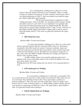 It is a semiautomatic welding process. Here arc is struck
           between electrode and job. Electrode is non-consumable. There is ceramic
           coating over tungsten electrode tip. Ceramic coating is used because it has a
           very high melting point of 3500° C. Inert environment is provided by argon
           gas. Hands supply filler metal manually.
                                       TIG has better penetration as comparison to other
           welding operations. It has no backfire. It is specially used for giving a coating
           of stainless steel over a job when it is over machined or over grinded. Also
           some times for balancing purpose metal are added through TIG. The filler
           metal comes in various range of thickness from 1.2 mm, 1.6 mm, 2 mm and 2.4
           mm (Make is ESAB, kobelco and bohler). Copper cable is used to connect
           Electrode holder and D.C. Flow meter are generally attached to the argon
           cylinder.

                MIG (Metal Inert Gas)

            Machine Make: Frronius and Triodyn.

                        It is also semi automatic welding process. Here arc is also struck
       between electrode and job. But here electrode is filler metal wire. Electrode is
       consumable. Here filler metal wire speed is 5 mm per revolution. Argon and
       carbon-di-oxide gases provide the inner environment. Color code for argon and
       carbon-di-oxide cylinder is green. The Mild steel wire diameter ranges are 1.2
       mm, 2 mm, and 4 mm (Make is ESAB). Sometimes S.S coating is provided over
       M.S for water resistant coating.
                   In MIG welding, spatter is prevented by applying spatter gel is
       applied on the torch so that spatter doesn’t stick to the torch. Spatter core is the
       area where spatter can reach.
       Welding fixture for M.S comes along with wire but for a S.S a separate fixture is
       used.

                SAW (Submerged Arc Welding)

           Machine Make: Frronius and Triodyn.

                        It is an automatic welding process. Electrode is consumable. Here
arc is struck between the electrode i.e. filler metal wire and the job. Filler metal wire act
as an electrode. Here shielding is done by flux. Flux is kept inside a cylinder at a
pressure of 6kg/cm^2. Flux come and covers the welded zone. Grain size of flux varies
from 0.2 mm to 1.6 mm. Its basicity index is 1.4. Before filling cylinder with flux, flux has
to be heated at a temperature of 300°C for 2 hours .The make of flux is either ESAB or
Ador. It is generally used for heavy thickness.

                SMAW (Shield Metal Arc Welding)

     Machine Make: Frronius and Triodyn.



                                                                                           23
 