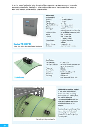 A further area of application is the detection of burst pipes. Here, at least two systems have to be
permanently installed in the pipelines to be monitored. Because of the accuracy of our products
even small leakages can be detected instantaneously.
Transducer
Ductus TT COHP-IE
Travel time system with digital signal processing
Specifications
Acoustic Paths:	 1 - 8
Accuracy: 	 ± 0,5% with 8 paths
Range:	 ± 20 m/s
Pipe Diameter:	 0,3 - 10 m
Pipe Wall Thickness:	 max. 100 mm (steel)
Display: 	 4 lines, 20 characters
Datalogger: 	 internal,
		 sampling interval user selectable
Communication:	 RS-232, MODBUS, Ethernet, USB
Inputs:	 max. 8 x 4-20 mA
Outputs:	 max. 4 x 4-20 mA
		 2 x Relay, 2 x Pulse		
Power Supply:	 85-264 VAC
(50-60 Hz)
		 or 24 VDC
	
Battery Backup:	 integrated, 2 Ah
Enclosure:	 Aluminium, wall mounted
Advantages of Clamp-On Systems
A flow meter using clamp-on
transducers makes measuring
flow non-intrusive and easy from
the outside of the pipe.
The transducers are installed with
little technical effort and without
process interruption on the
pipeline.
Rotationally symmetric flow profiles
can be determined with a single
acoustic path; non-symmetric
profiles require the use of several
acoustic paths.
Clamp-On with 8 acoustic paths
Specifications
Pipe Diameter:	 0,3 m to 15 m
Pipe Wall Thickness: 	 up to 100 mm (steel, plastic, glass fiber)
		 up to 40 mm (concrete)
Frequency:	 200 kHz
Beam Width:	 8° (-3dB)
Material:	 Stainless steel, Polyamid
Dimensions: 	 300x120x100mm
Mounting: 	 non intrusive,
		 from the outside of the pipe
12
 