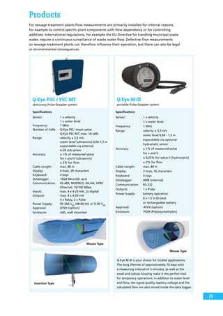 Q-Eye M III
portable Pulse-Doppler system
Specifications
Sensor:	 1 x velocity
		 1 x water level
Frequency:	 1 MHz
Range:	 velocity ± 5,3 m/s
		 water level 0,04 - 1,3 m
		 expandable via optional
		 hydrostatic sensor
Accuracy:	 ± 1% of measured value
		 for v and h	
		 ± 0,25% for value h (hydrostatic)
		 ± 2% for flow
Cable Length:	 max. 80 m
Display: 	 3 lines, 16 characters
Keyboard:	 3 keys
Datalogger: 	 4MB (internal)
Communication:	RS-232
Outputs:	 1 x Pulse
Power Supply:	 battery operation
		 6 x 1,5 V (D-size)
		 or rechargeable battery
Approval:	 ATEX (option)
Enclosure:	 POM (Polyoxymethylen)
Q-Eye M III is your choice for mobile applications.
The long lifetime of approximately 70 days with
a measuring interval of 5 minutes, as well as the
small and robust housing make it the perfect tool
for temporary operations. In addition to water level
and flow, the signal quality, battery voltage and the
calculated flow are also stored inside the data logger.
Mouse Type
Insertion Type
Mouse Type
Products
For sewage-treatment plants flow measurements are primarily installed for internal reasons,
for example to control specific plant components with flow dependency or for controlling
additives. International regulations, for example the EU-Directive for handling municipal waste
water, require a continuous surveillance of waste water flow. Defective flow measurements
on sewage-treatment plants can therefore influence their operation, but there can also be legal
or environmental consequences.
Q-Eye PSC / PSC MT
stationary Pulse-Doppler system
Specifications
Sensor:	1 x velocity
		 1 x water level
Frequency:	 1 MHz
Number of Cells:	 Q-Eye PSC: mean value
		 Q-Eye PSC MT: max. 18 cells
Range:	 velocity ± 5,3 m/s
		 water level (ultrasonic) 0,04-1,3 m
		 expandable via external
		 4-20 mA sensor
Accuracy:	 ± 1% of measured value 		
		 for v and h (ultrasonic)	
		 ± 2% for flow
Cable Length:	 max. 80 m
Display: 	 4 lines, 20 characters
Keyboard:	 4 keys
Datalogger: 	 16GB MicroSD card
Communication:	 RS-485, MODBUS, WLAN, GPRS
		 Ethernet, 10/100 Mbps
Inputs:	 max. 4 x 4-20 mA, 2x digital
Outputs:	 max. 4 x 4-20 mA
		 4 x Relay, 2 x Pulse
Power Supply:	 85-260 VAC
(48-60 Hz) or 9-36 VDC
	
Approval:	 ATEX (option)
Enclosure:	 ABS, wall mounted
19
 