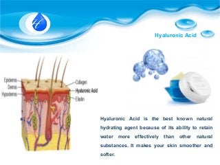 Hyaluronic Acid
Hyaluronic Acid is the best known natural
hydrating agent because of its ability to retain
water more effectively than other natural
substances. It makes your skin smoother and
softer.
 