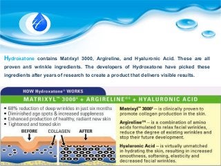Hydroxatone contains Matrixyl 3000, Argireline, and Hyaluronic Acid. These are all
proven anti wrinkle ingredients. The developers of Hydroxatone have picked these
ingredients after years of research to create a product that delivers visible results.
 