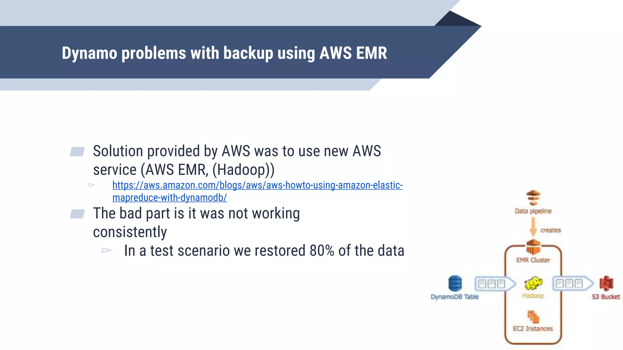 Dynamo problems with backup using AWS EMR
▰ Solution provided by AWS was to use new AWS
service (AWS EMR, (Hadoop))
▻ https://aws.amazon.com/blogs/aws/aws-howto-using-amazon-elastic-
mapreduce-with-dynamodb/
▰ The bad part is it was not working
consistently
▻ In a test scenario we restored 80% of the data
 