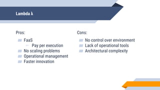 Lambda λ
Pros:
▰ FaaS
▻ Pay per execution
▰ No scaling problems
▰ Operational management
▰ Faster innovation
Cons:
▰ No control over environment
▰ Lack of operational tools
▰ Architectural complexity
 