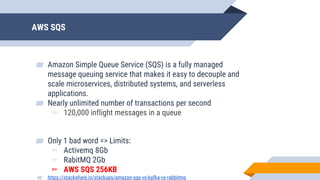 AWS SQS
▰ Amazon Simple Queue Service (SQS) is a fully managed
message queuing service that makes it easy to decouple and
scale microservices, distributed systems, and serverless
applications.
▰ Nearly unlimited number of transactions per second
▻ 120,000 inflight messages in a queue
▰ Only 1 bad word => Limits:
▻ Activemq 8Gb
▻ RabitMQ 2Gb
▻ AWS SQS 256KB
▰ https://stackshare.io/stackups/amazon-sqs-vs-kafka-vs-rabbitmq
 