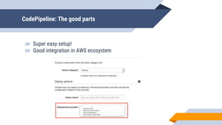 CodePipeline: The good parts
▰ Super easy setup!
▰ Good integration in AWS ecosystem
 
