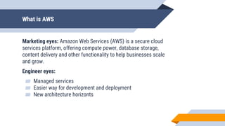 What is AWS
Marketing eyes: Amazon Web Services (AWS) is a secure cloud
services platform, offering compute power, database storage,
content delivery and other functionality to help businesses scale
and grow.
Engineer eyes:
▰ Managed services
▰ Easier way for development and deployment
▰ New architecture horizonts
 