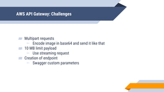 AWS API Gateway: Challenges
▰ Multipart requests
▻ Encode image in base64 and send it like that
▰ 10 MB limit payload
▻ Use streaming request
▰ Creation of endpoint
▻ Swagger custom parameters
 