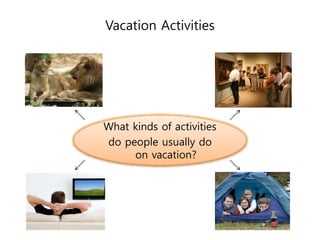 Vacation Activities
What kinds of activities
do people usually do
on vacation?
 