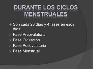  Son cada 28 días y 4 fases en esos
días:
 Fase Preovulatoria
 Fase Ovulación
 Fase Posovulatoria
 Fase Menstrual
 