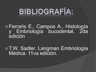 Ferraris E., Campos A., Histología
y Embriología bucodental. 2da
edición
T.W. Sadler. Langman Embriología
Médica. 11va edición.
 