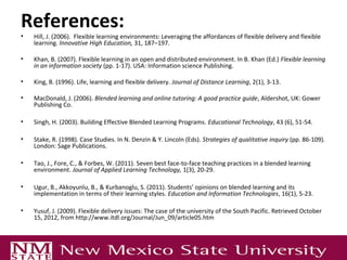 References:
• Hill, J. (2006). Flexible learning environments: Leveraging the affordances of flexible delivery and flexible
learning. Innovative High Education, 31, 187–197.
• Khan, B. (2007). Flexible learning in an open and distributed environment. In B. Khan (Ed.) Flexible learning
in an information society (pp. 1-17). USA: Information science Publishing.
• King, B. (1996). Life, learning and flexible delivery. Journal of Distance Learning, 2(1), 3-13.
• MacDonald, J. (2006). Blended learning and online tutoring: A good practice guide, Aldershot, UK: Gower
Publishing Co.
• Singh, H. (2003). Building Effective Blended Learning Programs. Educational Technology, 43 (6), 51-54.
• Stake, R. (1998). Case Studies. In N. Denzin & Y. Lincoln (Eds). Strategies of qualitative inquiry (pp. 86-109).
London: Sage Publications.
• Tao, J., Fore, C., & Forbes, W. (2011). Seven best face-to-face teaching practices in a blended learning
environment. Journal of Applied Learning Technology, 1(3), 20-29.
• Ugur, B., Akkoyunlu, B., & Kurbanoglu, S. (2011). Students’ opinions on blended learning and its
implementation in terms of their learning styles. Education and Information Technologies, 16(1), 5-23.
• Yusuf, J. (2009). Flexible delivery issues: The case of the university of the South Pacific. Retrieved October
15, 2012, from http://www.itdl.org/Journal/Jun_09/article05.htm
 