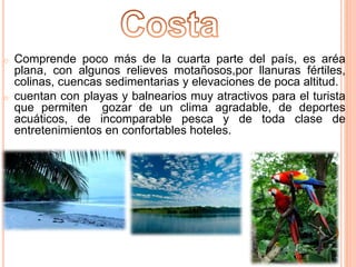 o Comprende poco más de la cuarta parte del país, es aréa
plana, con algunos relieves motañosos,por llanuras fértiles,
colinas, cuencas sedimentarias y elevaciones de poca altitud.
o cuentan con playas y balnearios muy atractivos para el turista
que permiten gozar de un clima agradable, de deportes
acuáticos, de incomparable pesca y de toda clase de
entretenimientos en confortables hoteles.
 