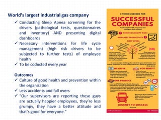 World’s largest industrial gas company
✓ Conducting Sleep Apnea screening for the
drivers (pathological tests, questionnaires
and inventory) AND presenting digital
dashboards
✓ Necessary interventions for life cycle
management (high risk drivers to be
subjected to further tests) of employee
health
✓ To be coducted every year
Outcomes
✓ Culture of good health and prevention within
the organisation
✓ Less accidents and fall overs
✓ “Our supervisors are reporting these guys
are actually happier employees, they’re less
grumpy, they have a better attitude and
that’s good for everyone.”
 