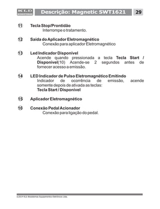 Descrição: Magnetic SWT1621 29
©2014 KLD Biosistemas Equipamentos Eletrônicos Ltda.
11 Tecla Stop/Prontidão
Interrompe o tratamento.
12 Saída doAplicador Eletromagnético
Conexão para aplicador Eletromagnético
13 Led Indicador Disponível
Acende quando pressionada a tecla Tecla Start /
Disponível(10) Acende-se 2 segundos antes de
fornecer acesso a emissão.
14 LED Indicador de Pulso Eletromagnético Emitindo
Indicador de ocorrência de emissão, acende
somente depois de ativada as teclas:
Tecla Start / Disponível
15 Aplicador Eletromagnético
16 Conexão PedalAcionador
Conexão para ligação do pedal.
 