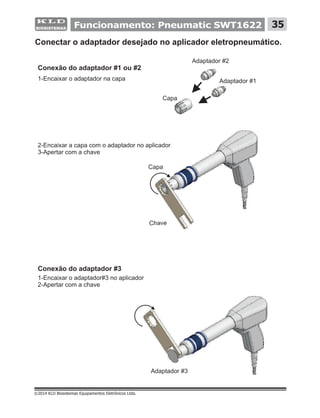 ©2014 KLD Biosistemas Equipamentos Eletrônicos Ltda.
Funcionamento: Pneumatic SWT1622 35
Adaptador #2
1-Encaixar o adaptador na capa
2-Encaixar a capa com o adaptador no aplicador
3-Apertar com a chave
1-Encaixar o adaptador#3 no aplicador
2-Apertar com a chave
Adaptador #3
Adaptador #1
Capa
Capa
Chave
Conectar o adaptador desejado no aplicador eletropneumático.
Conexão do adaptador #1 ou #2
Conexão do adaptador #3
 
