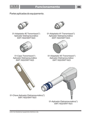 ©2014 KLD Biosistemas Equipamentos Eletrônicos Ltda.
Funcionamento 46
Partes aplicadas do equipamento.
01-Adaptador #2 Transmissor(*)
Aplicador Eletropneumático
SWT.1622/SWT1623
01-Adaptador #1 Transmissor(*)
Aplicador Eletropneumático
SWT.1622/SWT1623
01-Adaptador #3 Transmissor(*)
Aplicador Eletropneumático
SWT.1622/SWT1623
01-Capa Transmissor(*)
Aplicador Eletropneumático
SWT.1622/SWT1623
01-Chave Aplicador Eletropneumático(*)
SWT.1622/SWT1623
01-Aplicador Eletropneumático(*)
SWT.1622/SWT1623
 