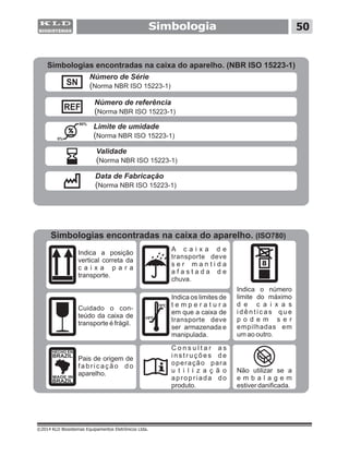 Simbologia 50
©2014 KLD Biosistemas Equipamentos Eletrônicos Ltda.
Simbologias encontradas na caixa do aparelho. (ISO780)
Indica a posição
vertical correta da
c a i x a p a r a
transporte.
A c a i x a d e
transporte deve
s e r m a n t i d a
a f a s t a d a d e
chuva.
Cuidado o con-
teúdo da caixa de
transporte é frágil.
Não utilizar se a
e m b a l a g e m
estiver danificada.
C o n s u l t a r a s
i n s t r u ç õ e s d e
operação para
u t i l i z a ç ã o
apropriada do
produto.
Pais de origem de
fabricação do
aparelho.
70ºC
10ºC-
Indica os limites de
t e m p e r a t u r a
em que a caixa de
transporte deve
ser armazenada e
manipulada.
8
Indica o número
limite do máximo
d e c a i x a s
i d ê n t i c a s q u e
p o d e m s e r
empilhadas em
um ao outro.
Número de referência
(Norma NBR ISO 15223-1)
Limite de umidade
(Norma NBR ISO 15223-1)
Validade
(Norma NBR ISO 15223-1)
Data de Fabricação
(Norma NBR ISO 15223-1)
Simbologias encontradas na caixa do aparelho. (NBR ISO 15223-1)
Número de Série
(Norma NBR ISO 15223-1)
 