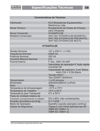 Especificações Técnicas 58
Características de Técnicas
Tensão Nominal 127 a 230 V~ +/-10%
Frequência Nominal 50/60 Hz
Potência Nominal 200 VA
Corrente Máxima Nominal 2 A
Fusível Interno F 3AL, 250V 20 AGF
Velocidade de operação=F Ação rápida
Corrente=3A
Capacidade de ruptura=L “Low” Baixa
4xIn=12A < 0.35s Baixa
Tensão=250V~
Tipo 20AGF (5x20mm)
x520x280mm (LxPxA)
Faixa de umidade relativa de
Transporte, armazenamento ou trabalho 0% a 90% (não condensante)
Pressão atmosférica [mmHg] 0,7-1 ATM
Modo de Operação: Aparelho suporta operação contínua
Classe de Segurança Classe II com Parte Aplicada tipo BF
(NBR IEC 60601-1)
(NBR IEC 60601-2)
Fabricante: KLD Biosistemas Equipamentos
Eletrônicos Ltda.
Nome Técnico: Equipamento de Ondas de Choque
para Ortopedia
Nome Comercial: HYGIAPULSE
Modelos Comerciais: SWT.1621 (HYGIAPULSE MAGNÉTIC);
SWT.1622 (HYGIAPULSE PNEUMATIC);
SWT.1623 (HYGIAPULSE MULTI);
HYGIAPULSE
Temporizador 1 a 30 minutos
Dimensões 400
Peso 10Kg
Temperatura de Armazenagem -10°C a 70°C
Temperatura de Trabalho 10°C a 40°C
Temperatura para Transporte 5°C a 50°C
©2014 KLD Biosistemas Equipamentos Eletrônicos Ltda.
 