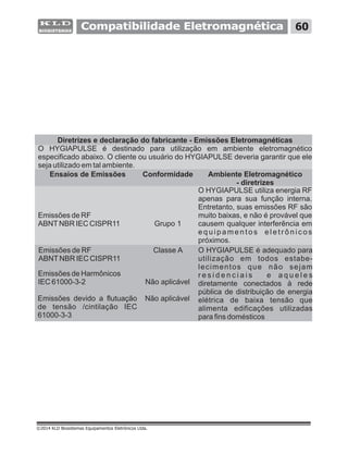 Compatibilidade Eletromagnética
©2014 KLD Biosistemas Equipamentos Eletrônicos Ltda.
Diretrizes e declaração do fabricante - Emissões Eletromagnéticas
O HYGIAPULSE é destinado para utilização em ambiente eletromagnético
especificado abaixo. O cliente ou usuário do HYGIAPULSE deveria garantir que ele
seja utilizado em tal ambiente.
Emissões devido a flutuação
de tensão /cintilação IEC
61000-3-3
Não aplicável
Emissões de RF
ABNTNBR IEC CISPR11
Emissões de Harmônicos
IEC 61000-3-2
Classe A
Não aplicável
O HYGIAPULSE é adequado para
utilização em todos estabe-
lecimentos que não sejam
r e s i d e n c i a i s e a q u e l e s
diretamente conectados à rede
pública de distribuição de energia
elétrica de baixa tensão que
alimenta edificações utilizadas
para fins domésticos
Ensaios de Emissões Conformidade Ambiente Eletromagnético
- diretrizes
Emissões de RF
ABNTNBR IEC CISPR11 Grupo 1
O HYGIAPULSE utiliza energia RF
apenas para sua função interna.
Entretanto, suas emissões RF são
muito baixas, e não é provável que
causem qualquer interferência em
e q u i p a m e n t o s e l e t r ô n i c o s
próximos.
60
 