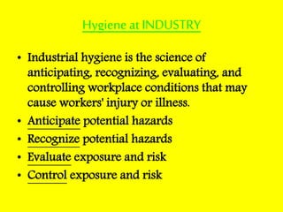 Hygieneat INDUSTRY
• Industrial hygiene is the science of
anticipating, recognizing, evaluating, and
controlling workplace conditions that may
cause workers' injury or illness.
• Anticipate potential hazards
• Recognize potential hazards
• Evaluate exposure and risk
• Control exposure and risk
 