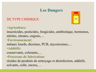 DE TYPE CHIMIQUE
•Agriculture:
insecticides, pesticides, fongicides, antibiotique, hormones,
nitrites, nitrates, engrais,…
•Environnement:
métaux lourds, dioxines, PCB, mycotoxines,…
•Additifs:
conservants, colorants,…
•Processus de fabrication:
résidus de produits de nettoyage et désinfection, additifs,
solvants, colle, encres,…
Les Dangers
 