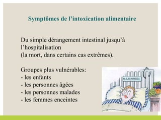 Du simple dérangement intestinal jusqu’à
l’hospitalisation
(la mort, dans certains cas extrêmes).
Groupes plus vulnérables:
- les enfants
- les personnes âgées
- les personnes malades
- les femmes enceintes
Symptômes de l’intoxication alimentaire
 