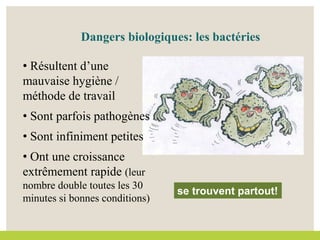se trouvent partout!
• Résultent d’une
mauvaise hygiène /
méthode de travail
• Sont parfois pathogènes
• Sont infiniment petites
• Ont une croissance
extrêmement rapide (leur
nombre double toutes les 30
minutes si bonnes conditions)
Dangers biologiques: les bactéries
 