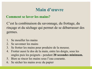 Main d’œuvre
Comment se laver les mains?
C’est la combinaison du savonnage, du frottage, du
rinçage et du séchage qui permet de se débarrasser des
germes.
1. Se mouiller les mains
2. Se savonner les mains
3. Se frotter les mains pour produire de la mousse.
4. Frotter aussi le dos de la main, entre les doigts, sous les
ongles puis les poignets - pendant 20 secondes minimum.
5. Bien se rincer les mains sous l’eau courante.
6. Se sécher les mains avec du papier
 