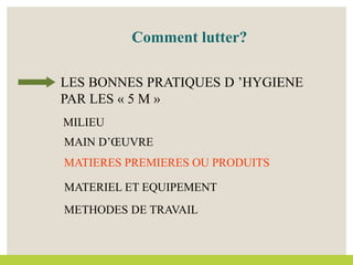 Comment lutter?
LES BONNES PRATIQUES D ’HYGIENE
PAR LES « 5 M »
MAIN D’ŒUVRE
MATERIEL ET EQUIPEMENT
MILIEU
MATIERES PREMIERES OU PRODUITS
METHODES DE TRAVAIL
 