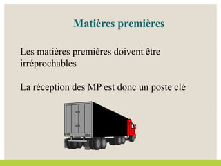 Les matières premières doivent être
irréprochables
La réception des MP est donc un poste clé
Matières premières
 