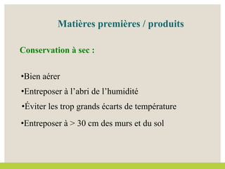 •Bien aérer
•Entreposer à l’abri de l’humidité
•Éviter les trop grands écarts de température
•Entreposer à > 30 cm des murs et du sol
Conservation à sec :
Matières premières / produits
 