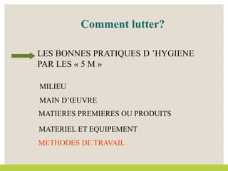 Comment lutter?
MAIN D’ŒUVRE
MATERIEL ET EQUIPEMENT
MILIEU
MATIERES PREMIERES OU PRODUITS
METHODES DE TRAVAIL
LES BONNES PRATIQUES D ’HYGIENE
PAR LES « 5 M »
 